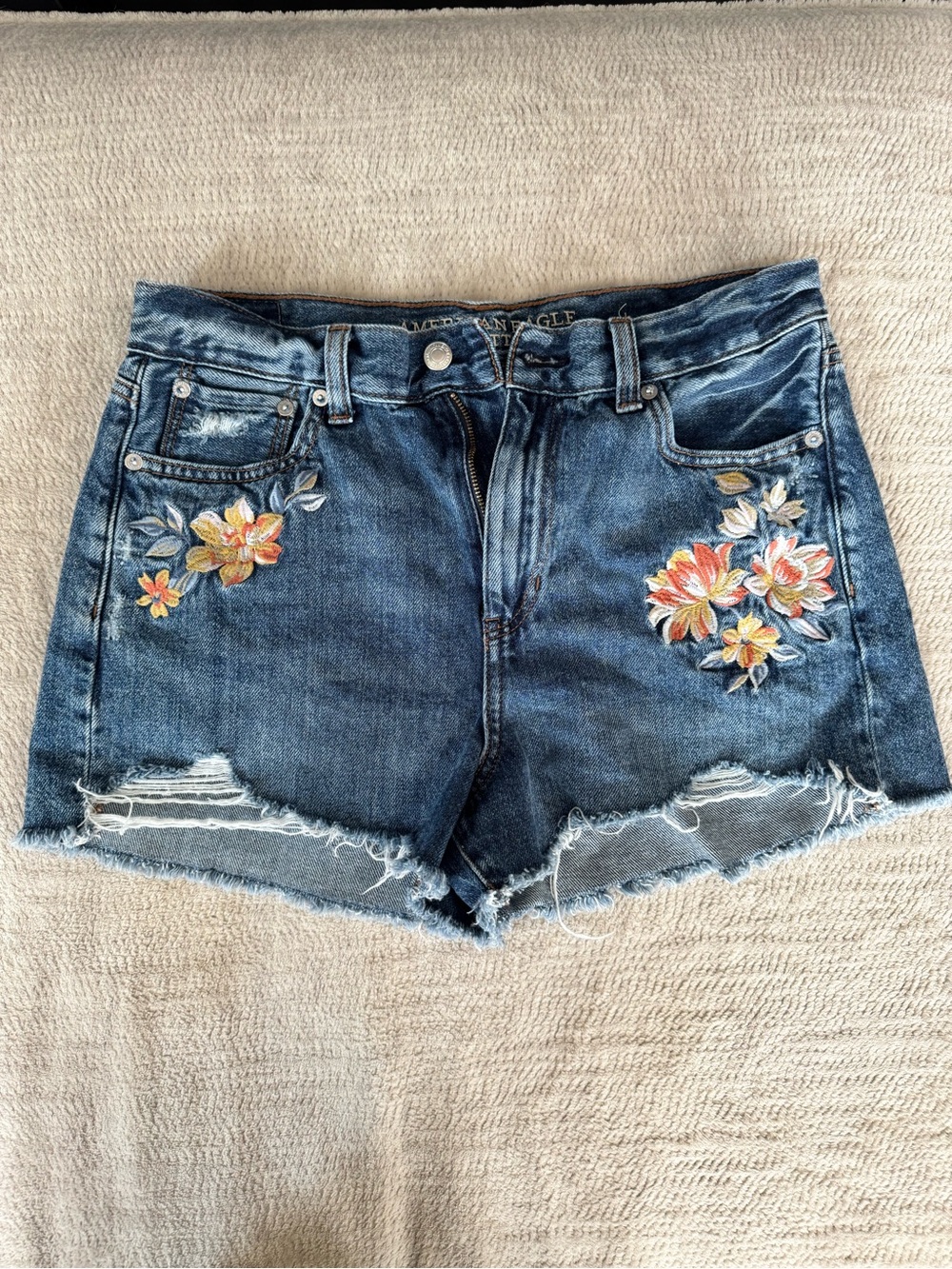 American Eagle Outfitters Dark Blue Denim Shorts with Floral Embroidery